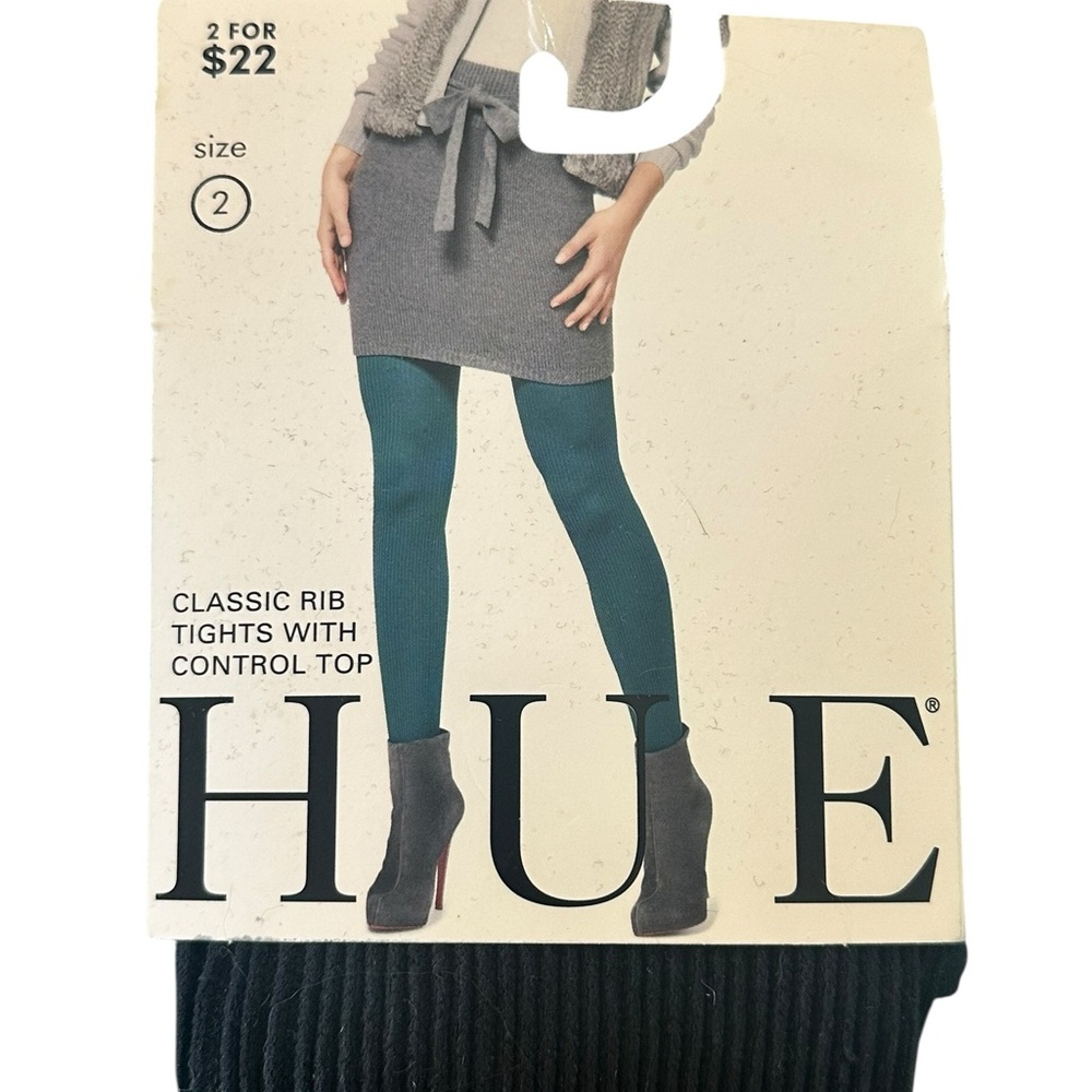 HUE Classic Black Rib Control Top Tights - Size 2 - NWT!